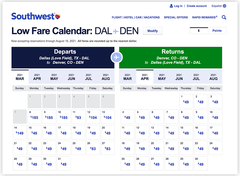 Ejemplo del calendario de tarifas bajas de Southwest Airlines