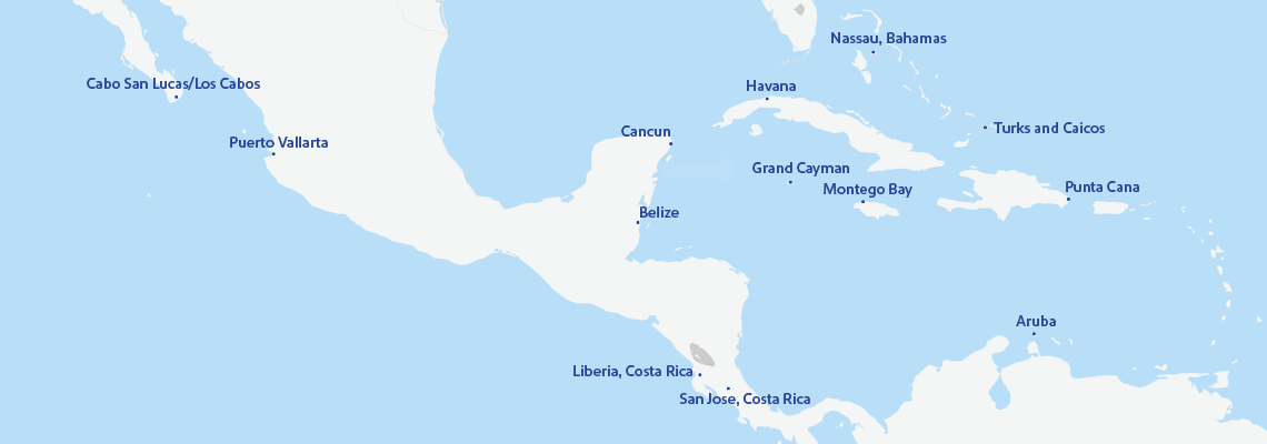 Map featuring the 14 international destinations that Southwest Airlines flies to. These include: Aruba, Belize, Cabo San Lucas/Los Cabos, Cancun, Grand Cayman, Havana, Liberia, Montego Bay, Nassau, Puerto Vallarta, Punta Cana, San Jose, Costa Rica, and Turks & Caicos